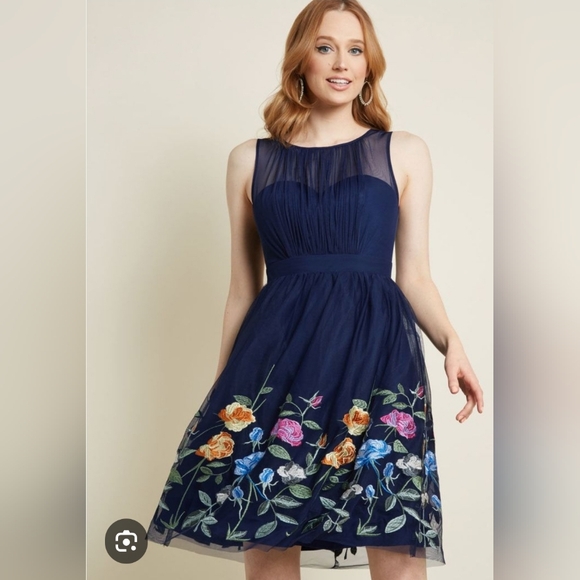 Geode Blue Floral Embroiderd Mesh Sleeveless Fit and Flare Dress 2X (4922CL) - Picture 1 of 7